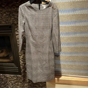 H&M Grey Tan Brown Plaid Check 3/4 Sleeve Crew Career Dress Gold Accents Size 2
